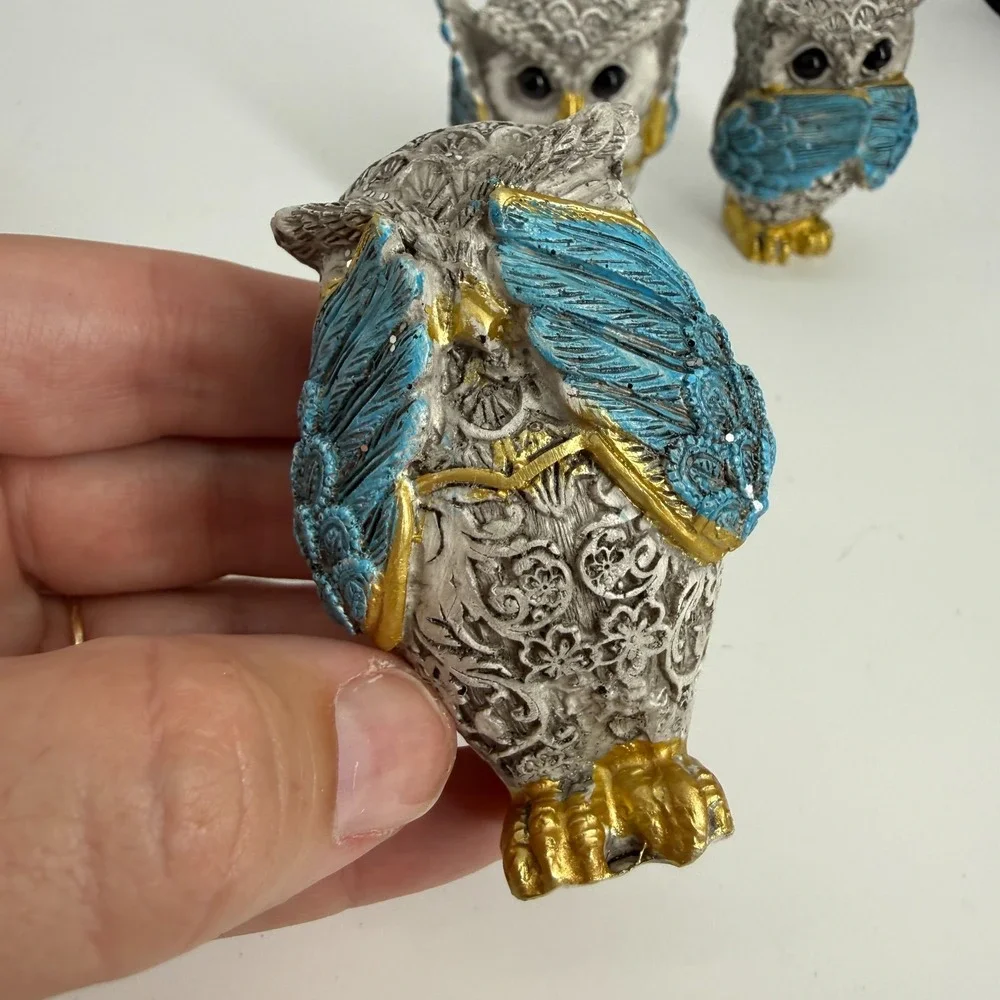 See, Hear & Speak No Evil Owl Set Figurine Statue Silver Gold‎ Blue 2.5